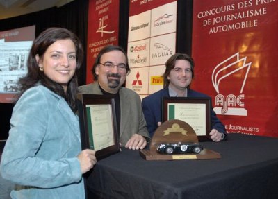 2007 Journalist of the Year winners lLeft to right): 3rd Place Petrina Gentile Zucco, Winner Mark Troljagic and 2nd Place Michel Deslauriers. Awards were presented by Jaguar Canada Inc. Photo courtesy AJAC/Arne Glassbourg.